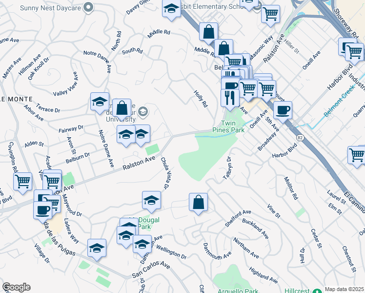 map of restaurants, bars, coffee shops, grocery stores, and more near 1301 Ralston Avenue in Belmont
