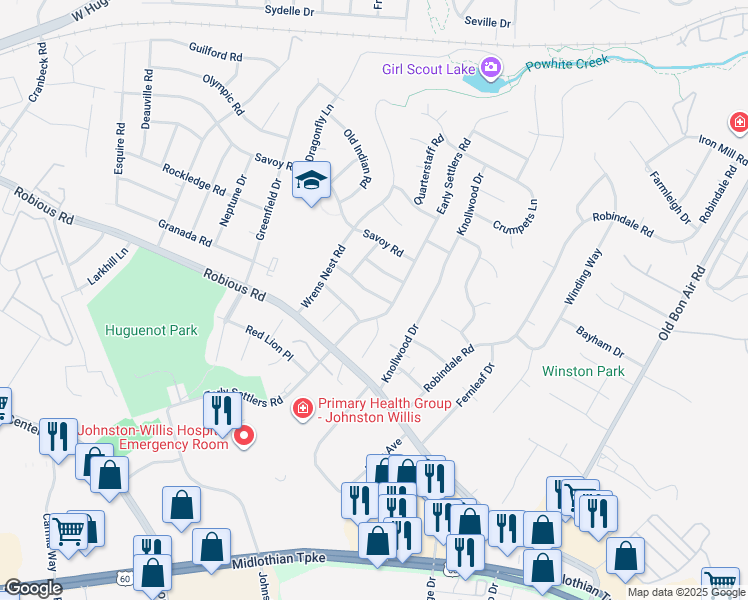 map of restaurants, bars, coffee shops, grocery stores, and more near 10617 Honey Tree Road in Richmond