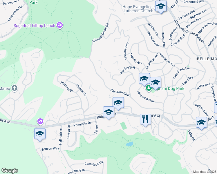 map of restaurants, bars, coffee shops, grocery stores, and more near 2934 San Juan Boulevard in Belmont