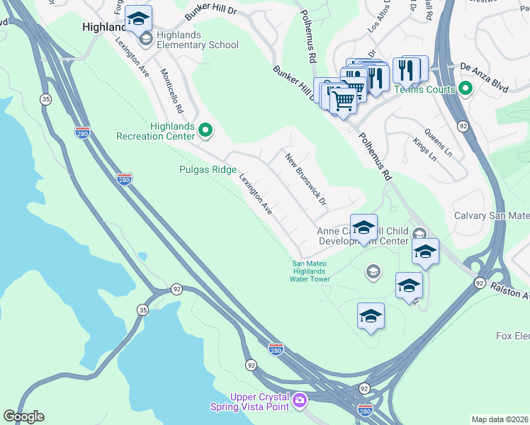 map of restaurants, bars, coffee shops, grocery stores, and more near 2036 Lexington Avenue in San Mateo