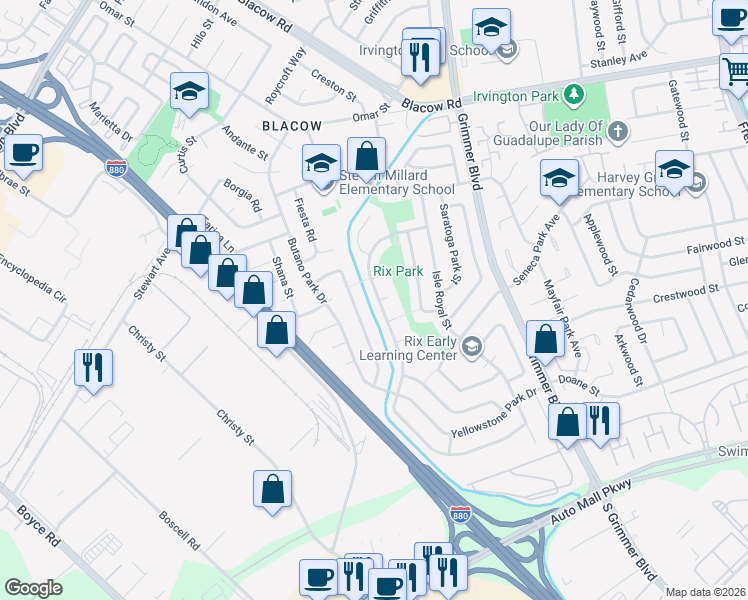 map of restaurants, bars, coffee shops, grocery stores, and more near 5405 Clarendon Park Court in Fremont