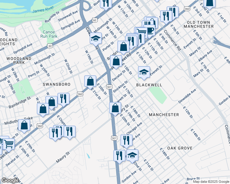 map of restaurants, bars, coffee shops, grocery stores, and more near 113 East 18th Street in Richmond