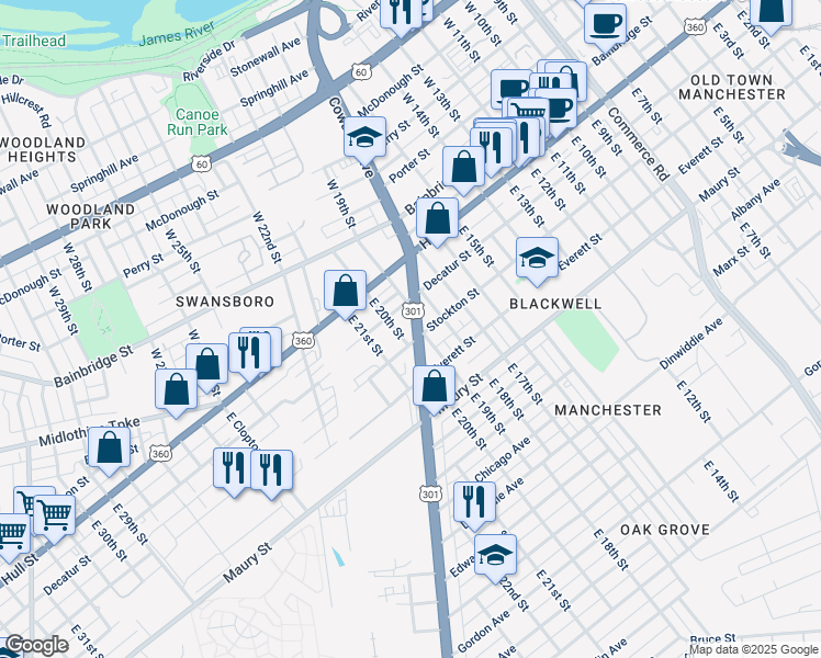 map of restaurants, bars, coffee shops, grocery stores, and more near 113 East 18th Street in Richmond