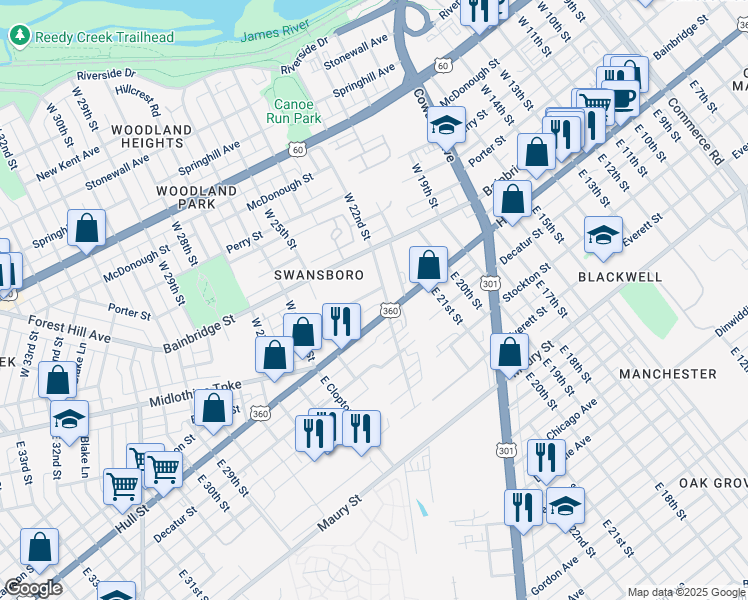 map of restaurants, bars, coffee shops, grocery stores, and more near 2216 Bainbridge Street in Richmond