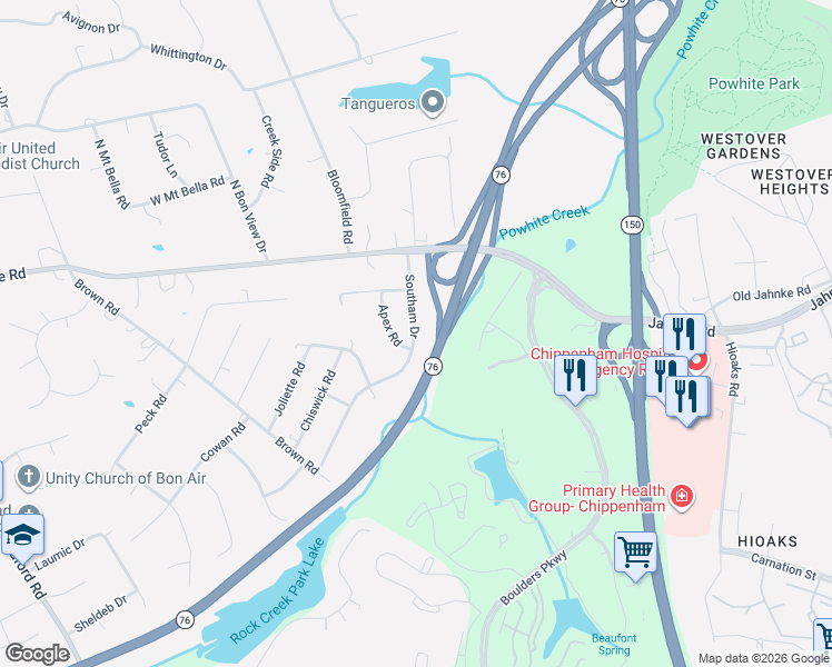 map of restaurants, bars, coffee shops, grocery stores, and more near 1213 Southam Drive in Richmond