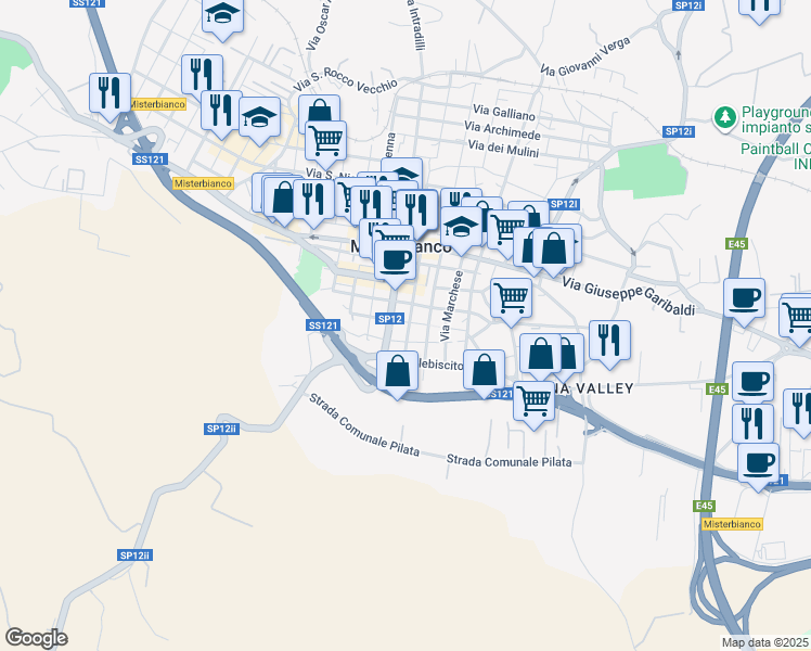 map of restaurants, bars, coffee shops, grocery stores, and more near 84-98 Via Giordano Bruno in Misterbianco