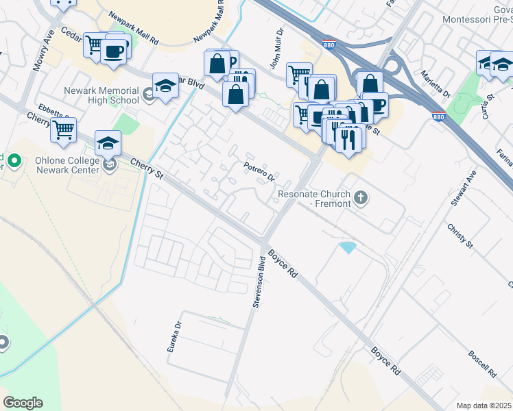 map of restaurants, bars, coffee shops, grocery stores, and more near 39903 Parada Street in Newark