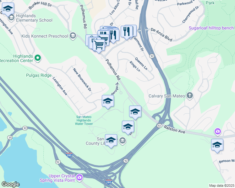map of restaurants, bars, coffee shops, grocery stores, and more near 2321 Ticonderoga Drive in San Mateo