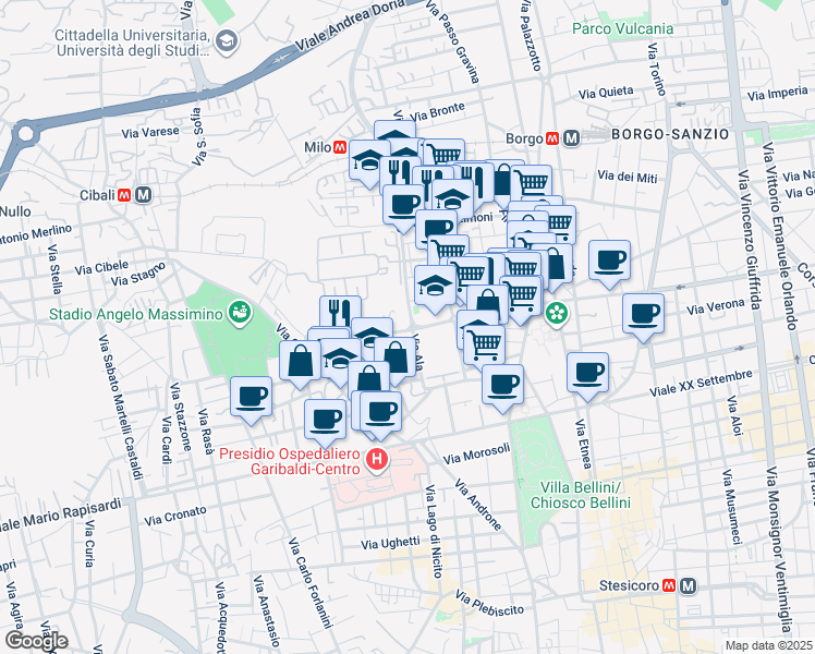 map of restaurants, bars, coffee shops, grocery stores, and more near 67 Via Ala in Catania