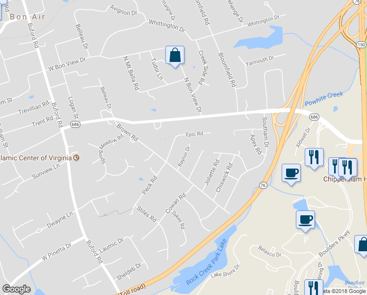 map of restaurants, bars, coffee shops, grocery stores, and more near 1250 Raynor Drive in Richmond