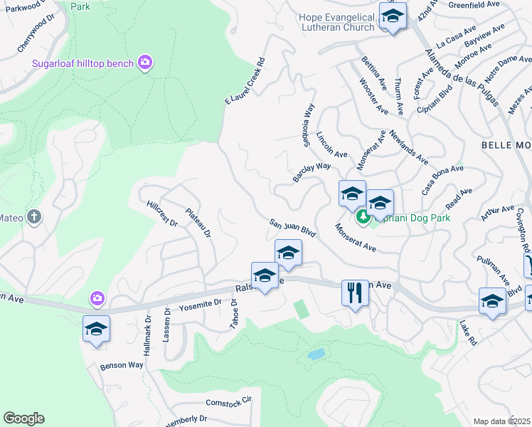 map of restaurants, bars, coffee shops, grocery stores, and more near 2934 San Juan Boulevard in Belmont