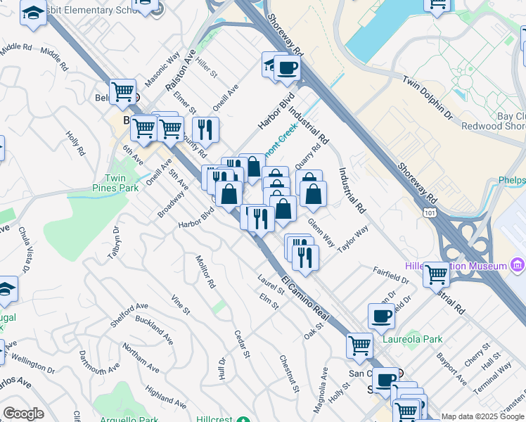 map of restaurants, bars, coffee shops, grocery stores, and more near 633 Quarry Road in San Carlos