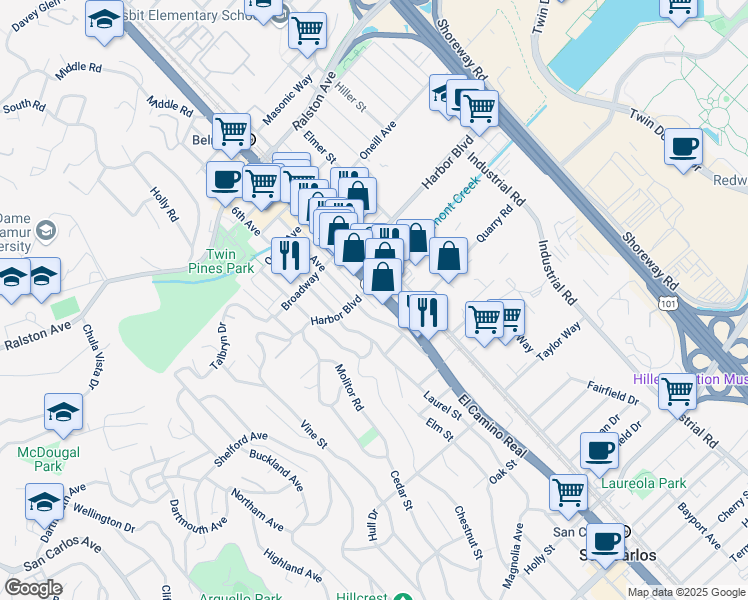 map of restaurants, bars, coffee shops, grocery stores, and more near 1520 El Camino Real in Belmont