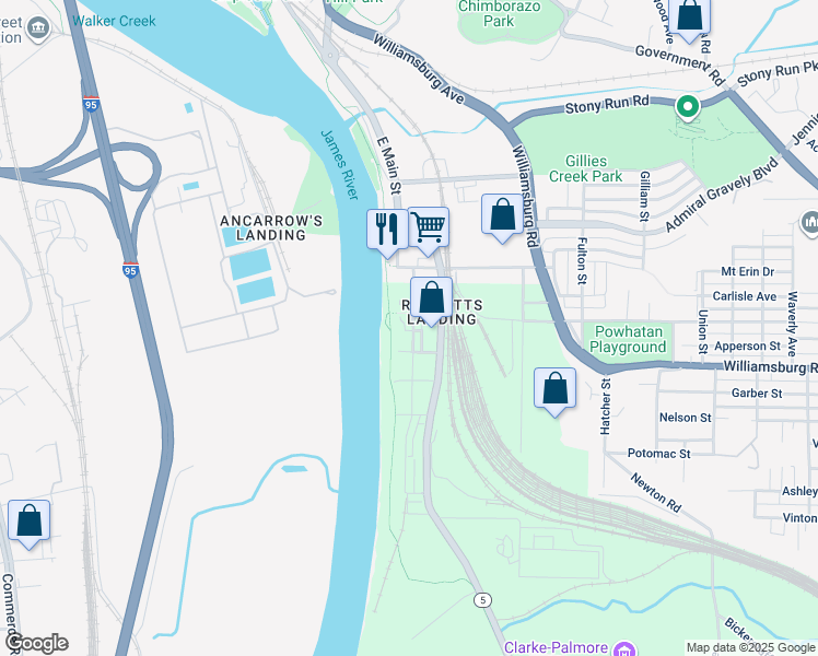 map of restaurants, bars, coffee shops, grocery stores, and more near 4908 Old Main Street in Henrico
