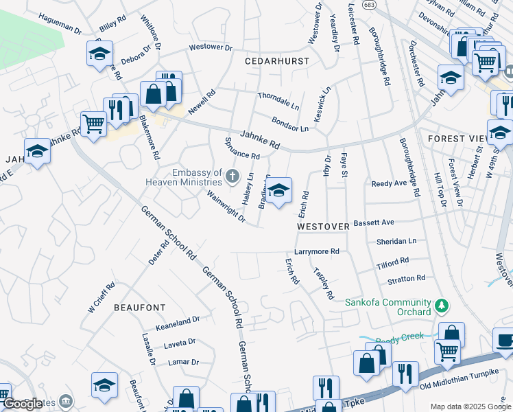 map of restaurants, bars, coffee shops, grocery stores, and more near 928 Bradley Lane in Richmond