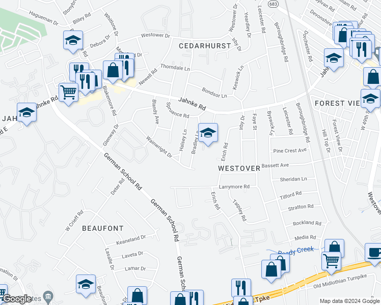 map of restaurants, bars, coffee shops, grocery stores, and more near 928 Bradley Lane in Richmond