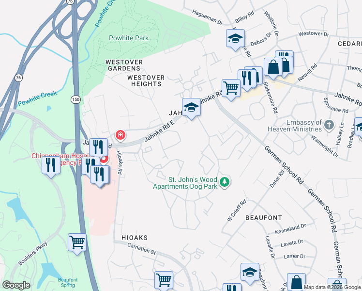 map of restaurants, bars, coffee shops, grocery stores, and more near 6643 Jahnke Road in Richmond