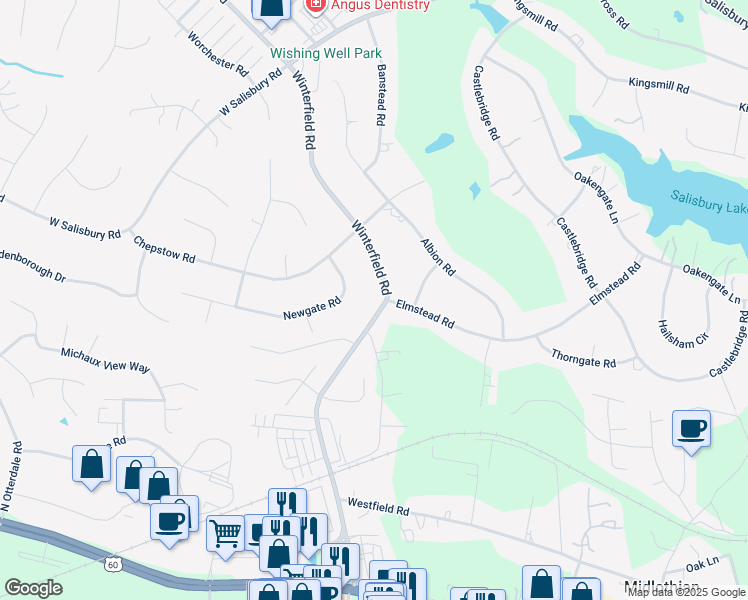 map of restaurants, bars, coffee shops, grocery stores, and more near 1900 Winterfield Road in Midlothian