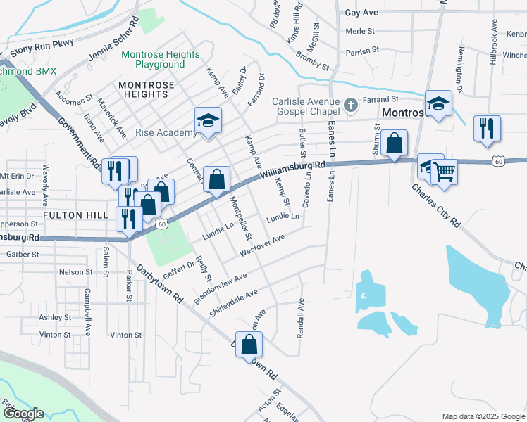map of restaurants, bars, coffee shops, grocery stores, and more near 5112 Kemp Street in Richmond