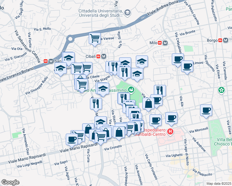 map of restaurants, bars, coffee shops, grocery stores, and more near 86 Via Cantone in Catania