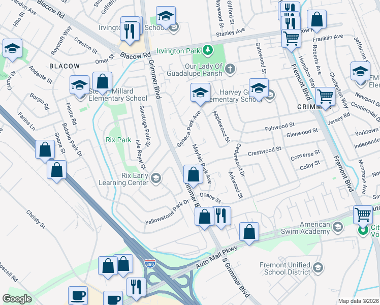 map of restaurants, bars, coffee shops, grocery stores, and more near 4757 Shelborne Park Court in Fremont