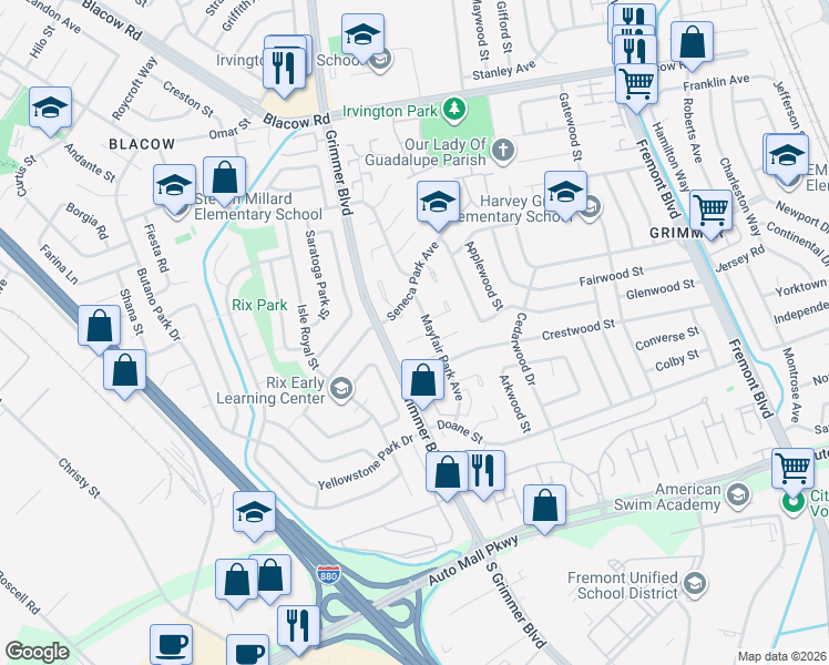 map of restaurants, bars, coffee shops, grocery stores, and more near 4757 Shelborne Park Court in Fremont