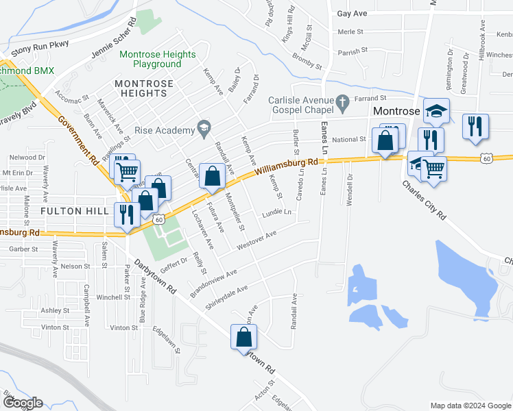 map of restaurants, bars, coffee shops, grocery stores, and more near 5121 Randall Avenue in Richmond