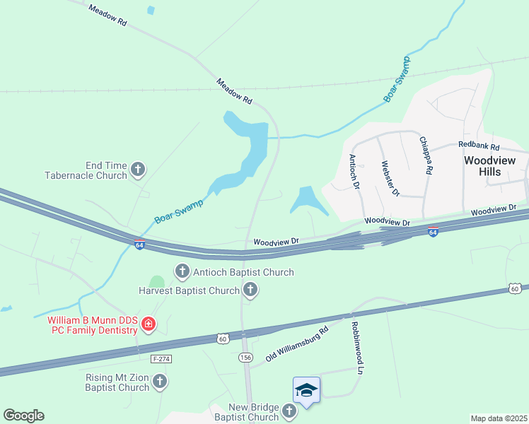 map of restaurants, bars, coffee shops, grocery stores, and more near 3740 Meadow Road in Sandston