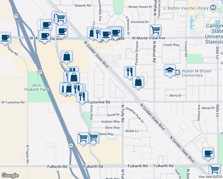 map of restaurants, bars, coffee shops, grocery stores, and more near 2601 Cypress Point Drive in Turlock