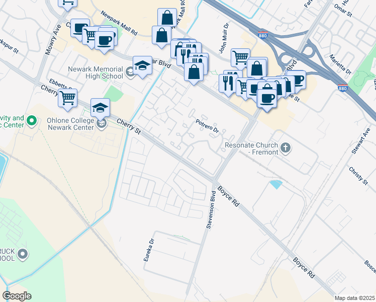 map of restaurants, bars, coffee shops, grocery stores, and more near 6206 Buena Vista Drive in Newark