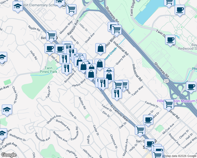 map of restaurants, bars, coffee shops, grocery stores, and more near 151h Old County Road in San Carlos