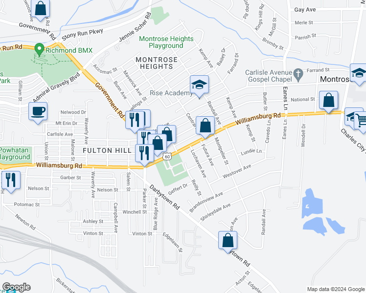 map of restaurants, bars, coffee shops, grocery stores, and more near 1803 National Street in Richmond