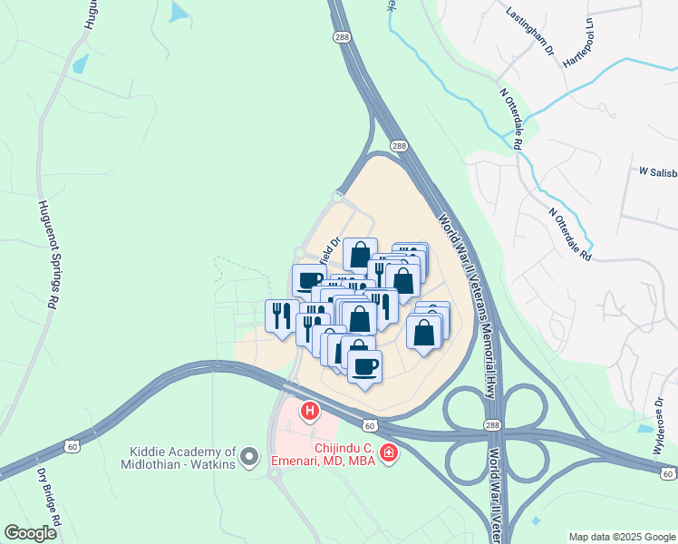 map of restaurants, bars, coffee shops, grocery stores, and more near 345 Schofield Drive in Midlothian