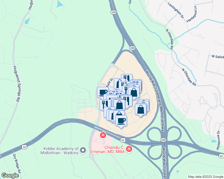 map of restaurants, bars, coffee shops, grocery stores, and more near 345 Schofield Drive in Midlothian