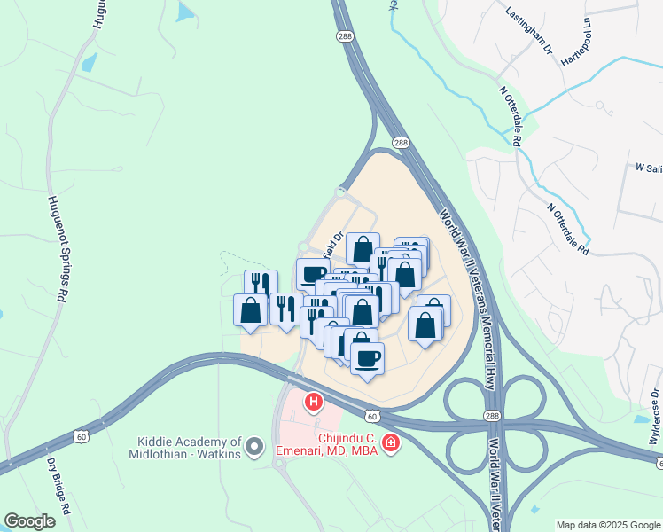 map of restaurants, bars, coffee shops, grocery stores, and more near 345 Schofield Drive in Midlothian