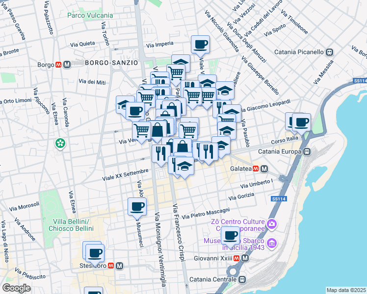 map of restaurants, bars, coffee shops, grocery stores, and more near 42-64 Via Firenze in Catania
