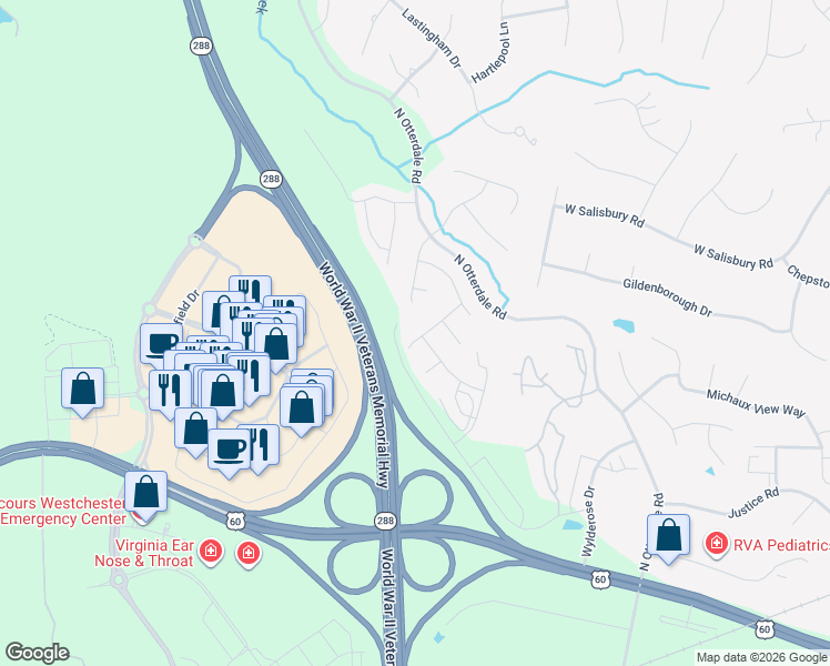 map of restaurants, bars, coffee shops, grocery stores, and more near 406 Paddle Creek Drive in Midlothian