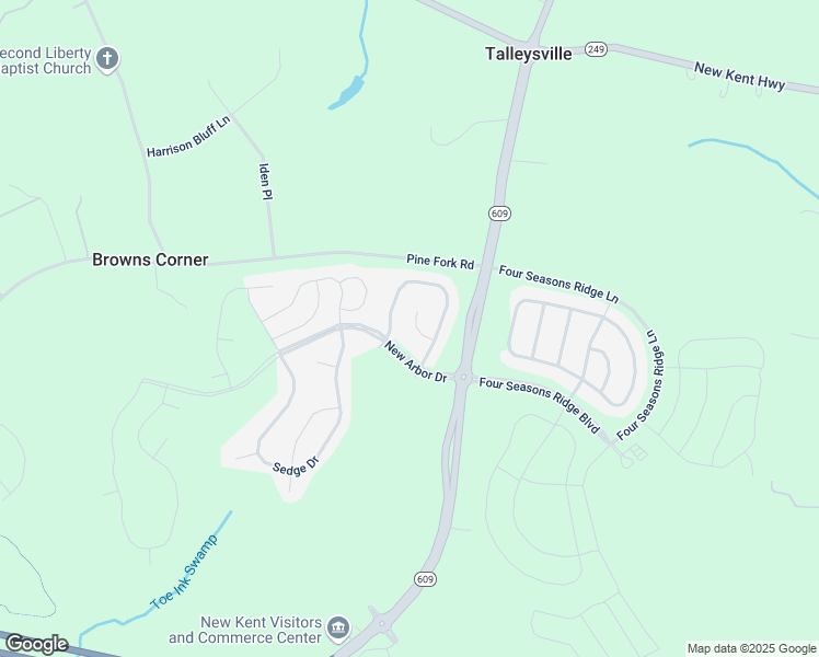 map of restaurants, bars, coffee shops, grocery stores, and more near 7832 Arbor Ponds Court in New Kent