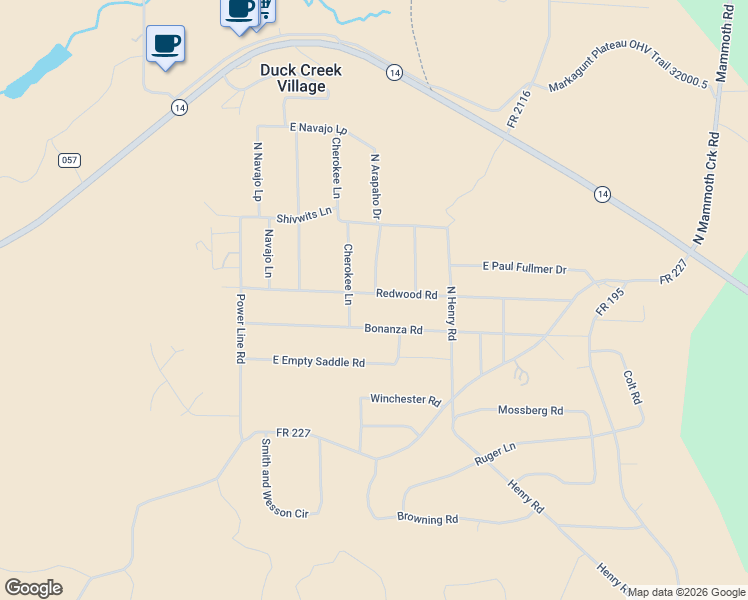 map of restaurants, bars, coffee shops, grocery stores, and more near 3320 Cherokee Lane in Duck Creek Village