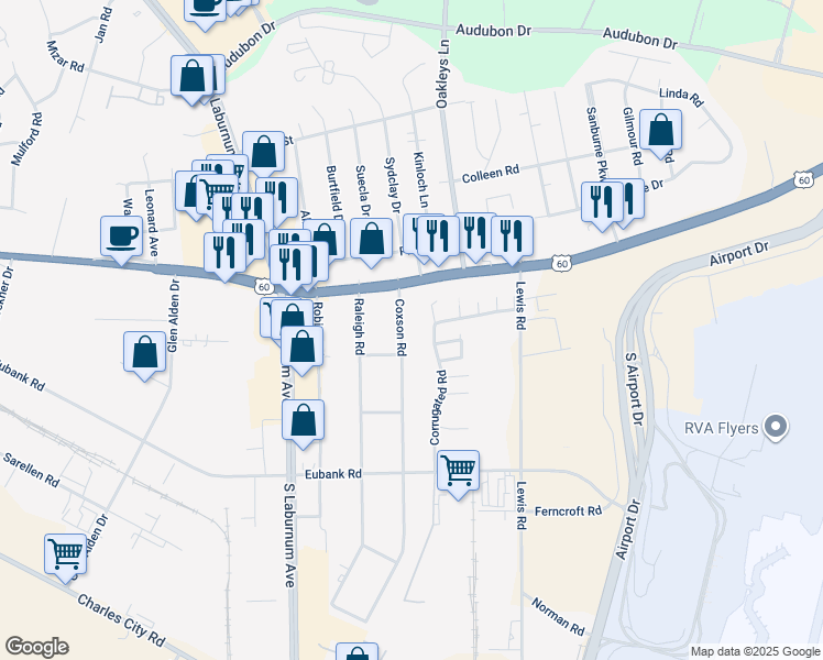 map of restaurants, bars, coffee shops, grocery stores, and more near 5109 Coxson Road in Richmond