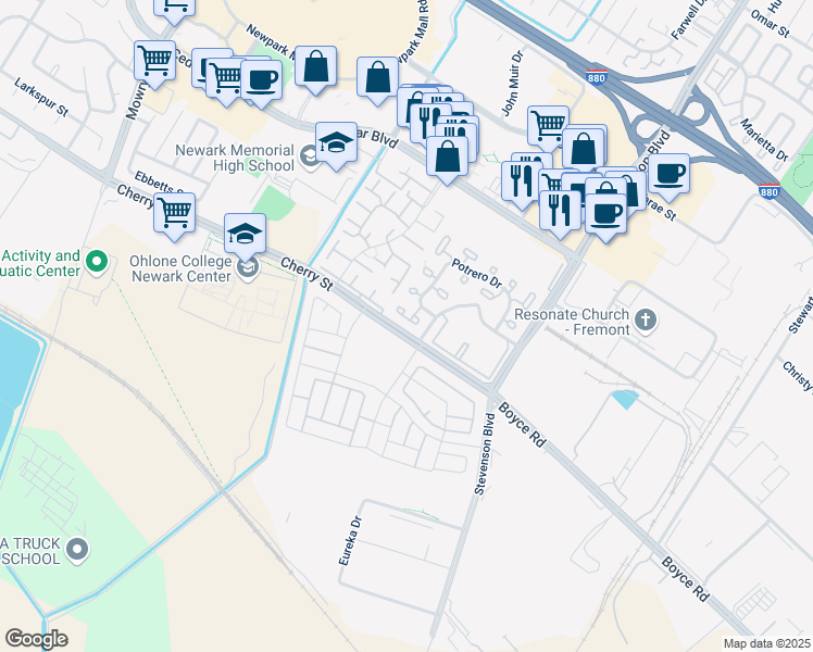 map of restaurants, bars, coffee shops, grocery stores, and more near 6477 Potrero Drive in Newark