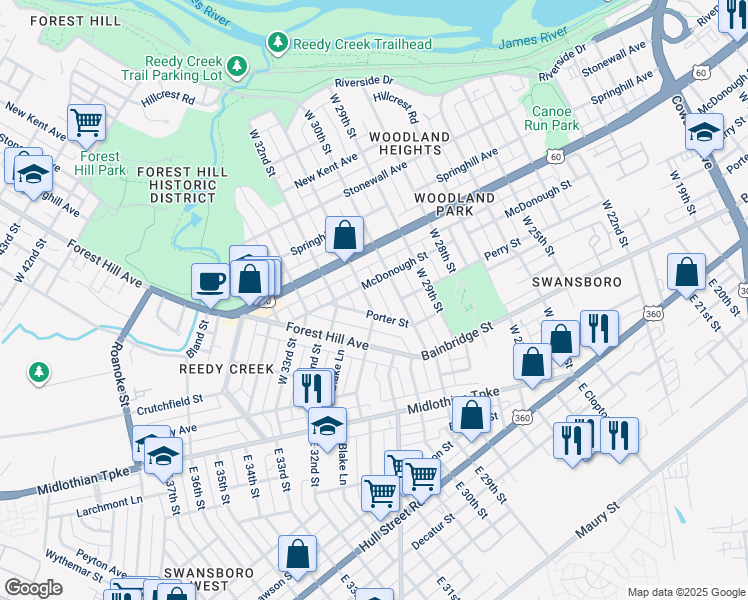 map of restaurants, bars, coffee shops, grocery stores, and more near 307 West 31st Street in Richmond