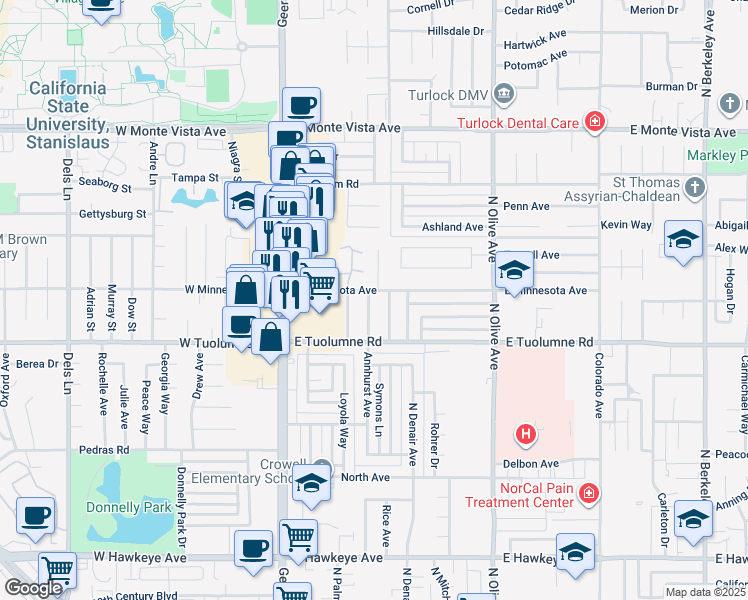 map of restaurants, bars, coffee shops, grocery stores, and more near 2508 Annhurst Avenue in Turlock