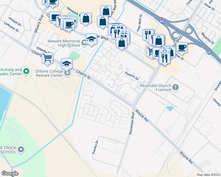 map of restaurants, bars, coffee shops, grocery stores, and more near 6477 Potrero Drive in Newark