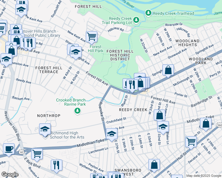 map of restaurants, bars, coffee shops, grocery stores, and more near 3900 Forest Hill Avenue in Richmond