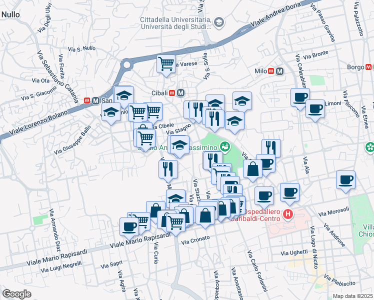 map of restaurants, bars, coffee shops, grocery stores, and more near 86 Via Cantone in Catania