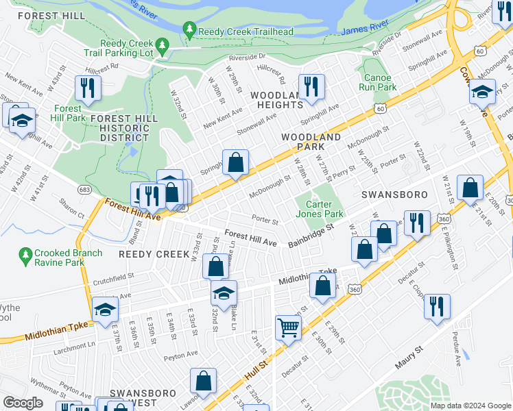 map of restaurants, bars, coffee shops, grocery stores, and more near 307 West 31st Street in Richmond