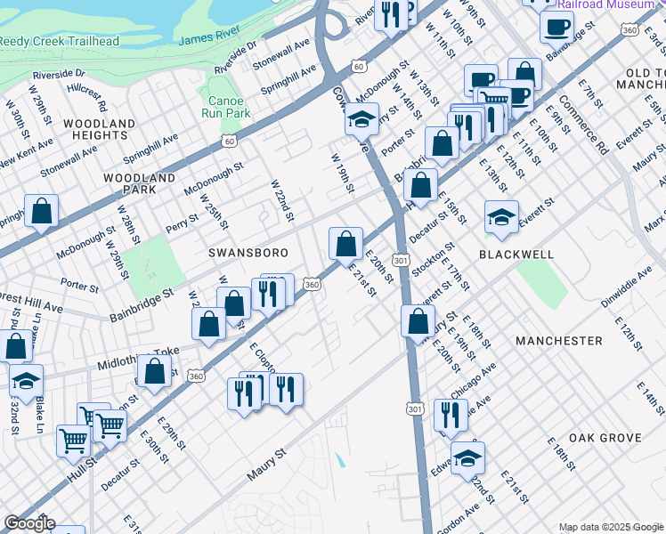 map of restaurants, bars, coffee shops, grocery stores, and more near Hull Street in Richmond