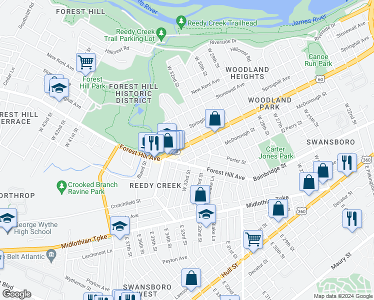 map of restaurants, bars, coffee shops, grocery stores, and more near 3214 Semmes Avenue in Richmond