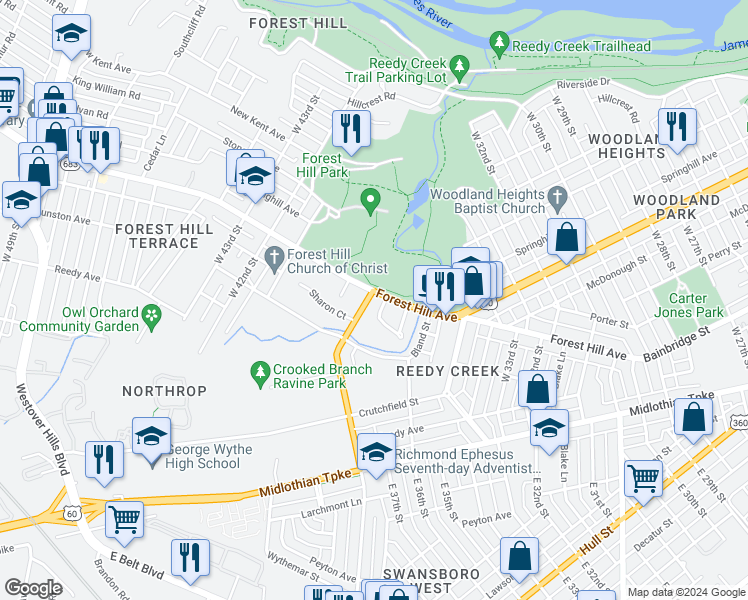 map of restaurants, bars, coffee shops, grocery stores, and more near 324 Forest Hill Avenue in Richmond
